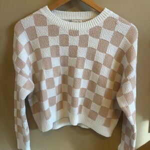 Debut Cream and‎ Tan Cropped Checkered Crew Neck Sweater